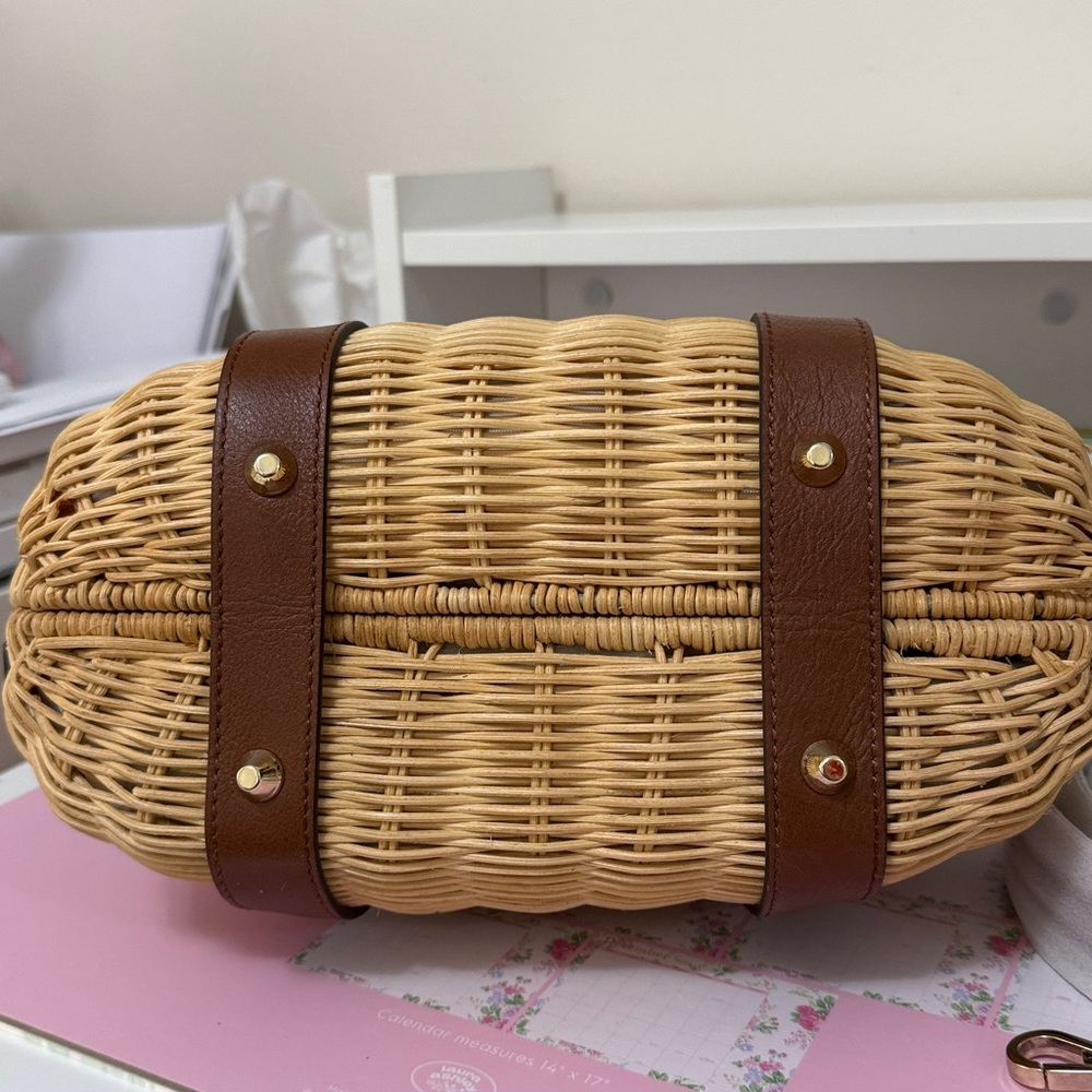 Etienne Aigner Woven Rattan Satchel Handbag in Tan and Brown - Picture 6 of 16